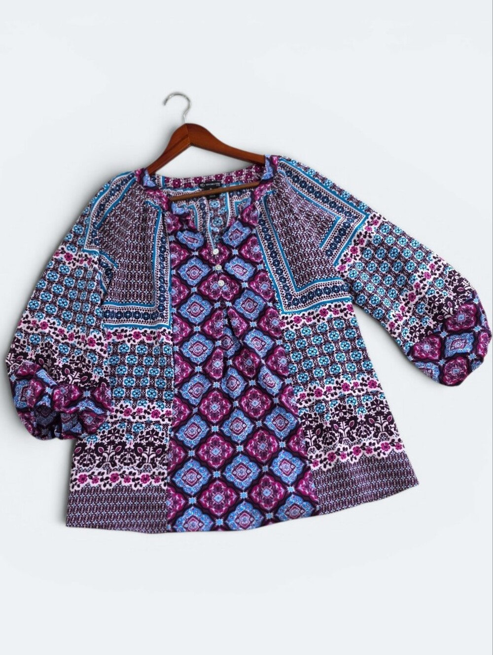 ND New Directions Boho Patchwork Peasant Blouse Purple Pink Blue Size PL Petite